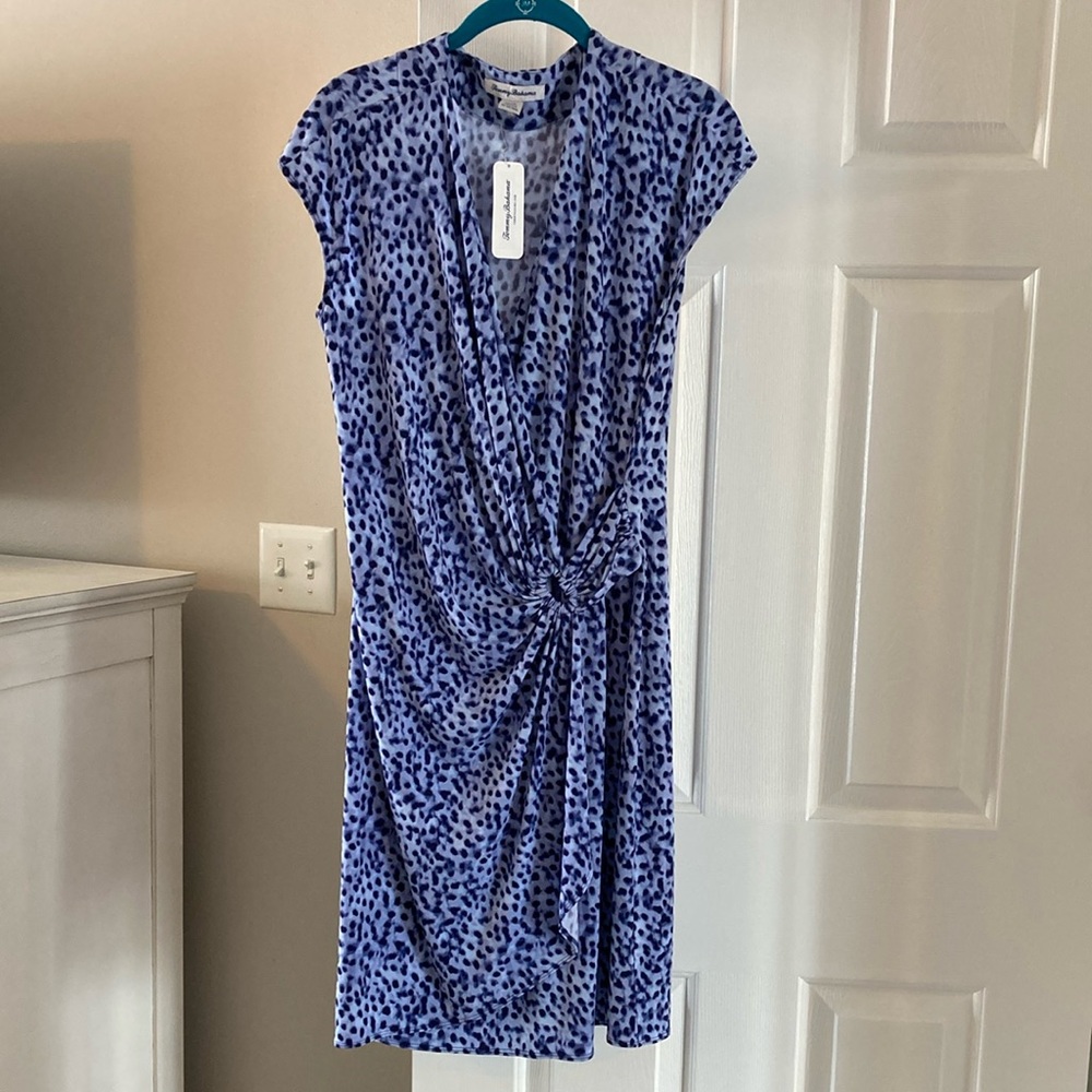 Blue and White Ruched Wrap Midi Dress